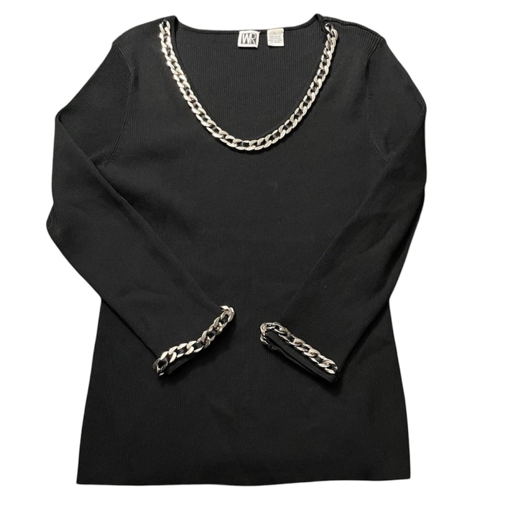 WR Black Ribbed Knit Top Silver Chain Neckline Cuff Detail Size Large L